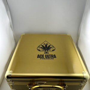 Ace Ultra Crumble 1oz concentrate box packaging and clear storage jar displaying golden wax 28g