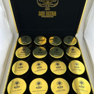 Ace Ultra Crumble 1oz concentrate box packaging and clear storage jar displaying golden wax 28g