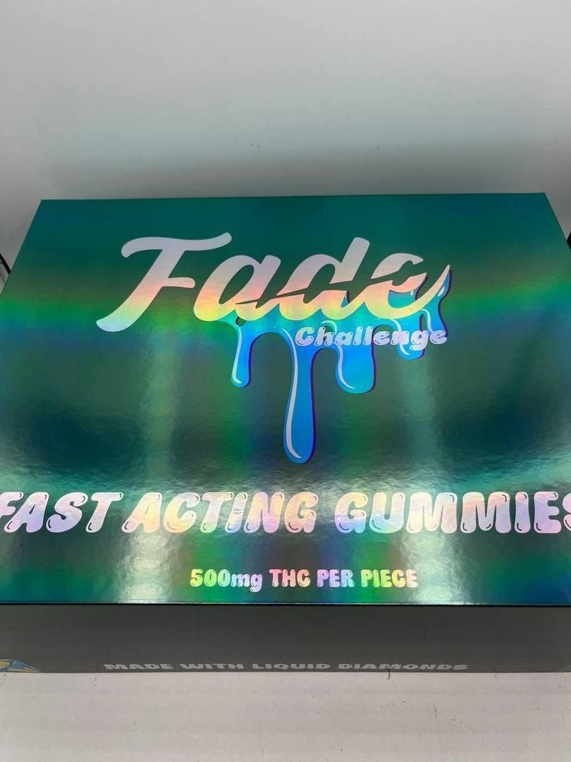Fade Challenge Fast Acting Gummies 500mg THC counter display box with Sativa Hybrid and Indica individual pouches