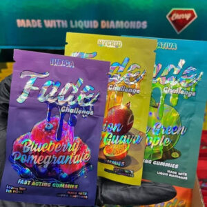 Fade Challenge Fast Acting Gummies 500mg THC counter display box with Sativa Hybrid and Indica individual pouches
