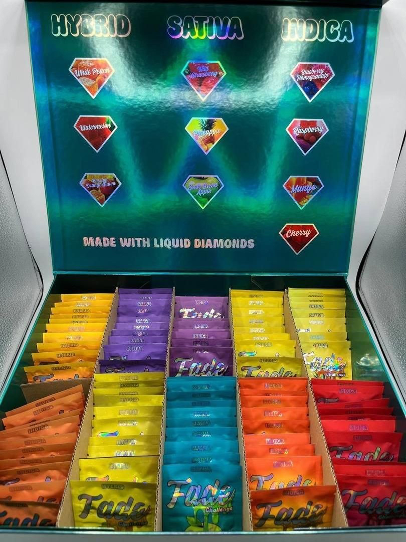 Fade Challenge Fast Acting Gummies 500mg THC counter display box with Sativa Hybrid and Indica individual pouches